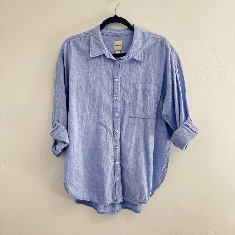 Anthropologie The Bennet Buttondown Shirt by Maeve Linen Blue MP - Picture 4 of 7